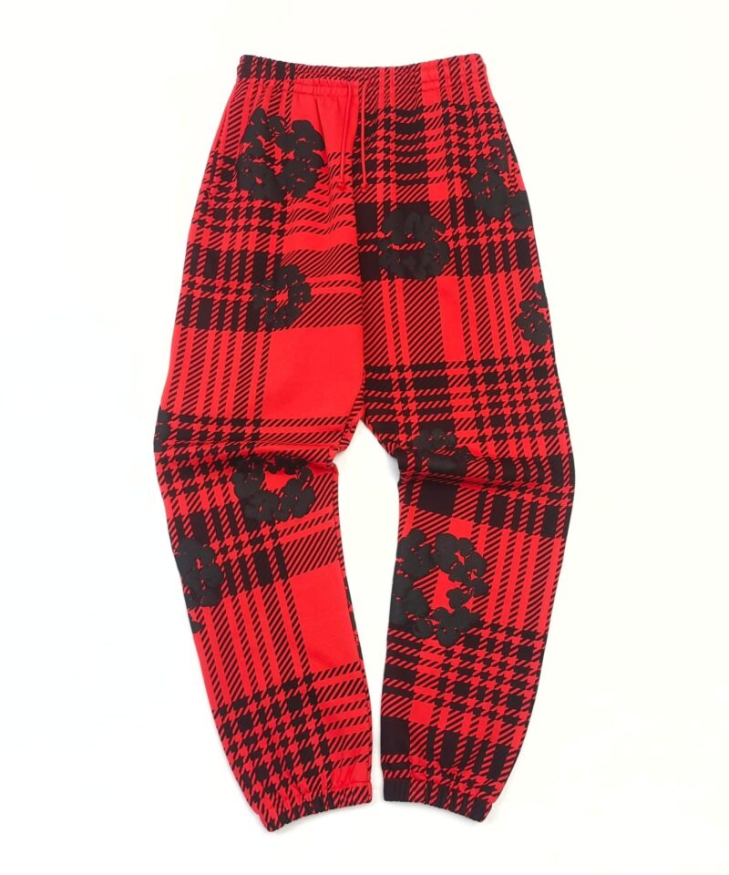Denim Tears Red Plaid Floral Sweatpants | 400g Cotton Fleece Joggers | Streetwear 2025 Collection