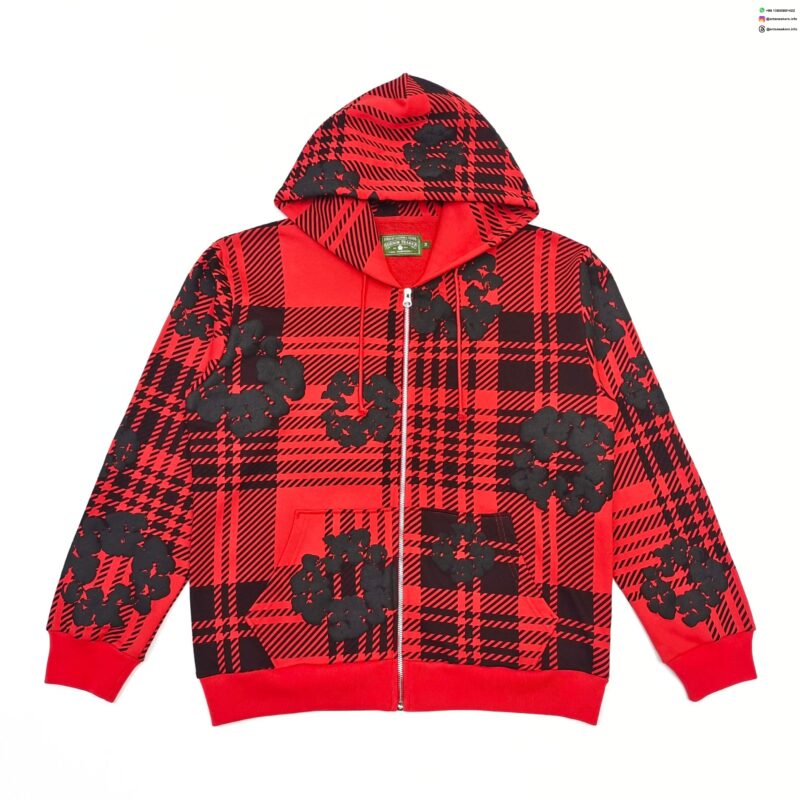 Denim Tears Red Plaid Floral Zip Hoodie | 400g Cotton Streetwear Sweatshirt | 2025 Collection