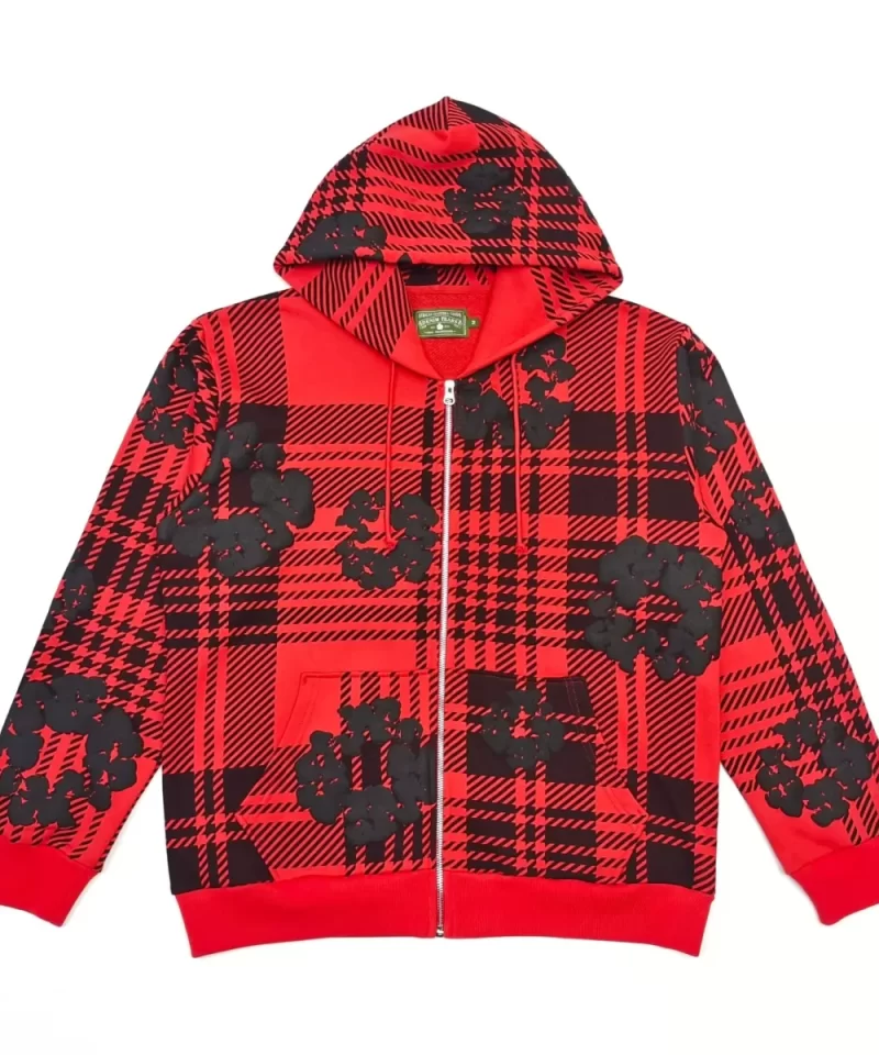 Denim Tears Red Plaid Floral Zip Hoodie | 400g Cotton Streetwear Sweatshirt | 2025 Collection