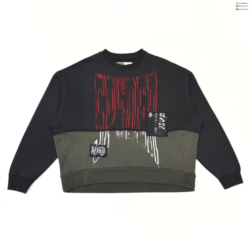 Sp5der Black and Gray Patchwork Crewneck Sweatshirt | 420g Heavy Cotton Fleece | Streetwear Essentials 2025