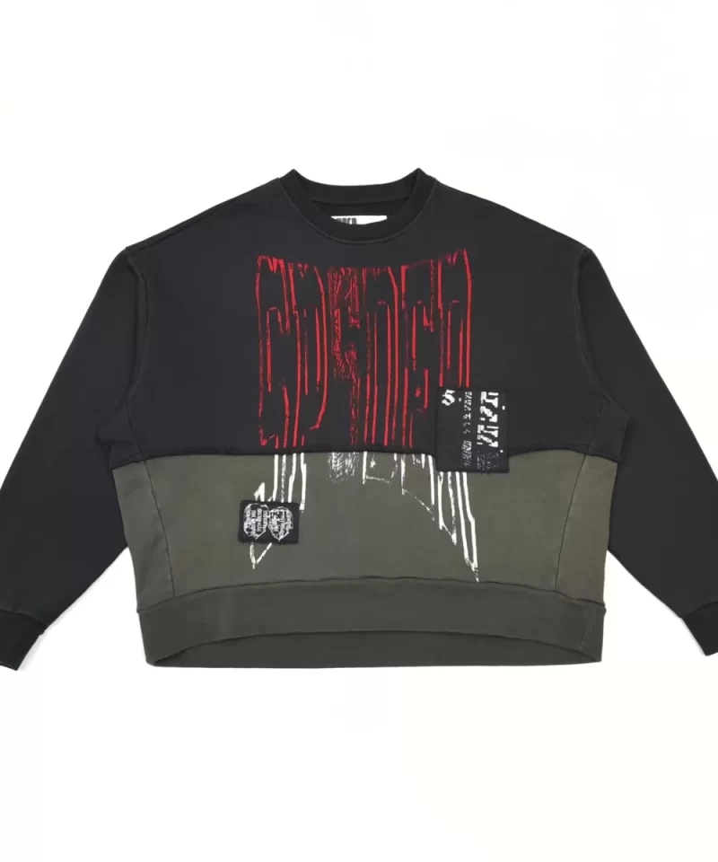 Sp5der Black and Gray Patchwork Crewneck Sweatshirt | 420g Heavy Cotton Fleece | Streetwear Essentials 2025