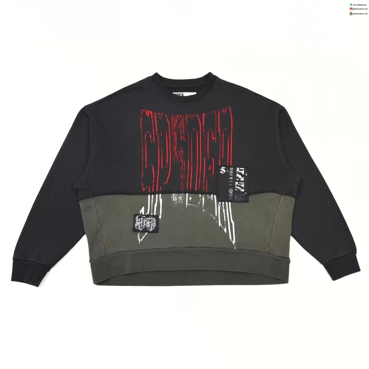 Sp5der Black and Gray Patchwork Crewneck Sweatshirt | 420g Heavy Cotton Fleece | Streetwear Essentials 2025