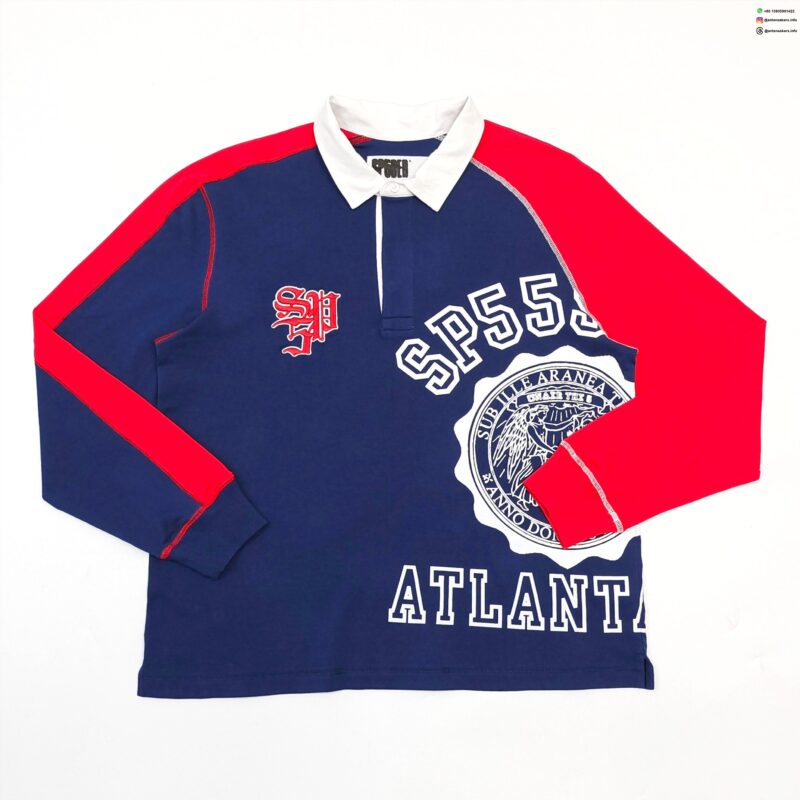 Sp5der Blue and Red Colorblock Polo Long Sleeve | Retro Rugby Style Cotton Shirt