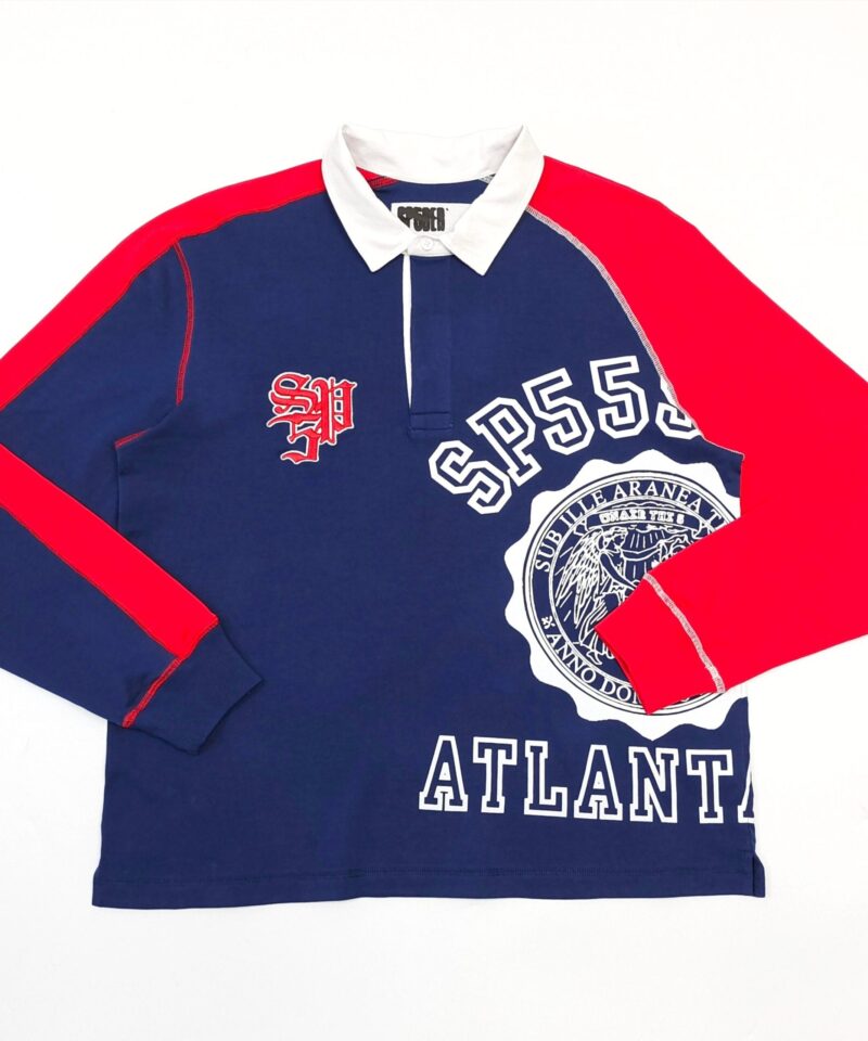 Sp5der Blue and Red Colorblock Polo Long Sleeve | Retro Rugby Style Cotton Shirt