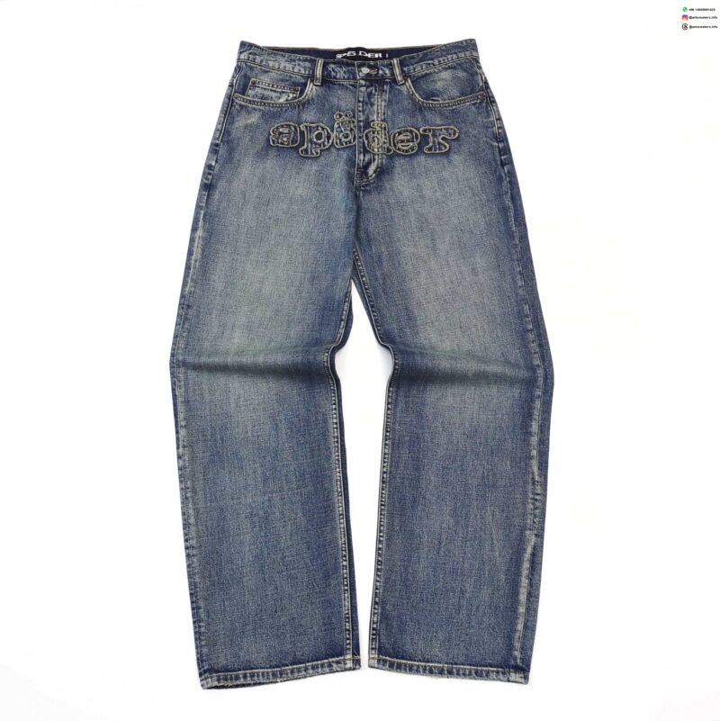Sp5der Denim Workwear Jeans | Vintage Washed Embroidered Denim Pants | Streetwear Collection 2025