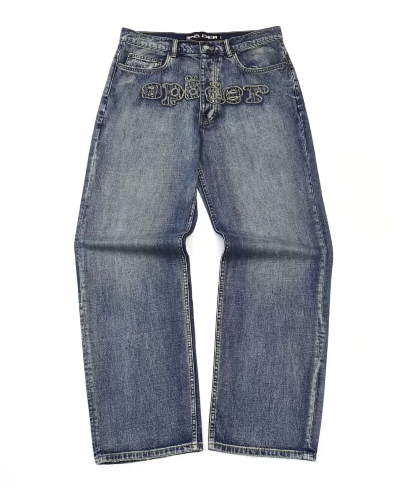 Sp5der Denim Workwear Jeans | Vintage Washed Embroidered Denim Pants | Streetwear Collection 2025