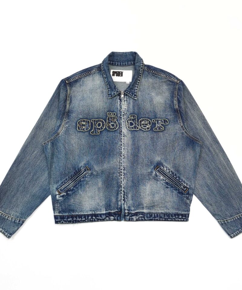 Sp5der Denim Workwear Zip Jacket | Vintage Washed Embroidered Denim | Streetwear Collection 2025