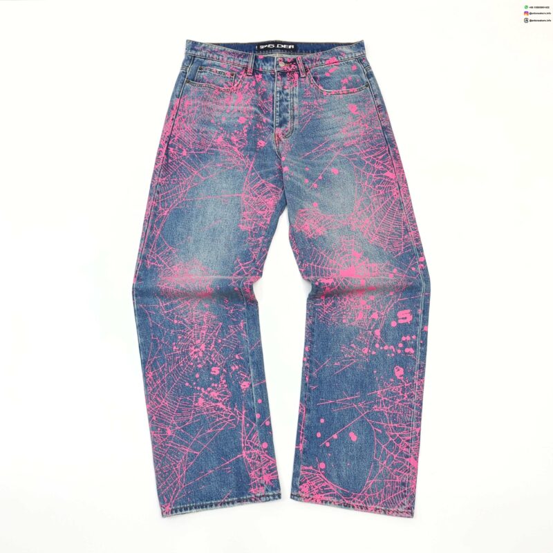 Sp5der Pink Splatter Blue Denim Jeans | Artistic Washed Streetwear Pants | Limited Edition