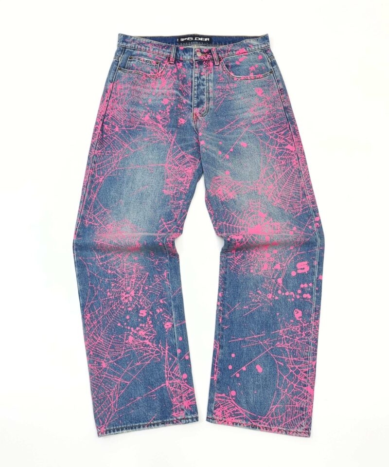 Sp5der Pink Splatter Blue Denim Jeans | Artistic Washed Streetwear Pants | Limited Edition