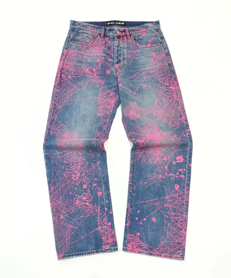 Sp5der Pink Splatter Blue Denim Jeans | Artistic Washed Streetwear Pants | Limited Edition
