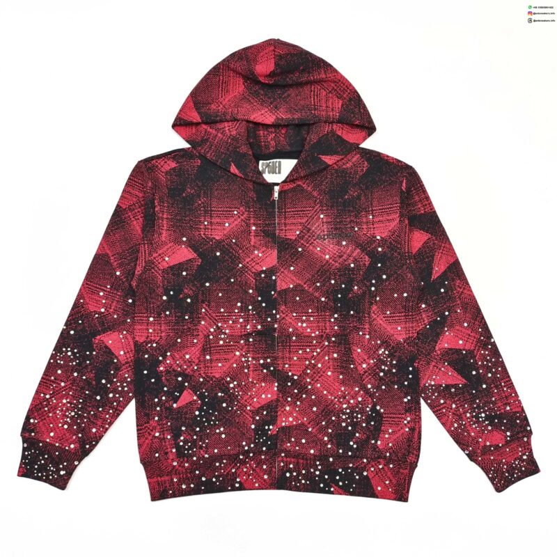 Sp5der Red Plaid Rhinestone Black Zip Hoodie | 450g Heavy Fleece Sweatshirt | Luxury Streetwear 2025