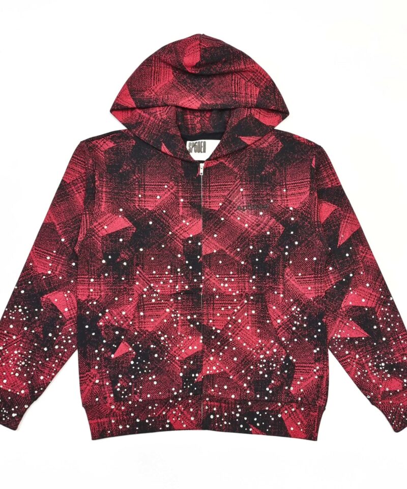 Sp5der Red Plaid Rhinestone Black Zip Hoodie | 450g Heavy Fleece Sweatshirt | Luxury Streetwear 2025