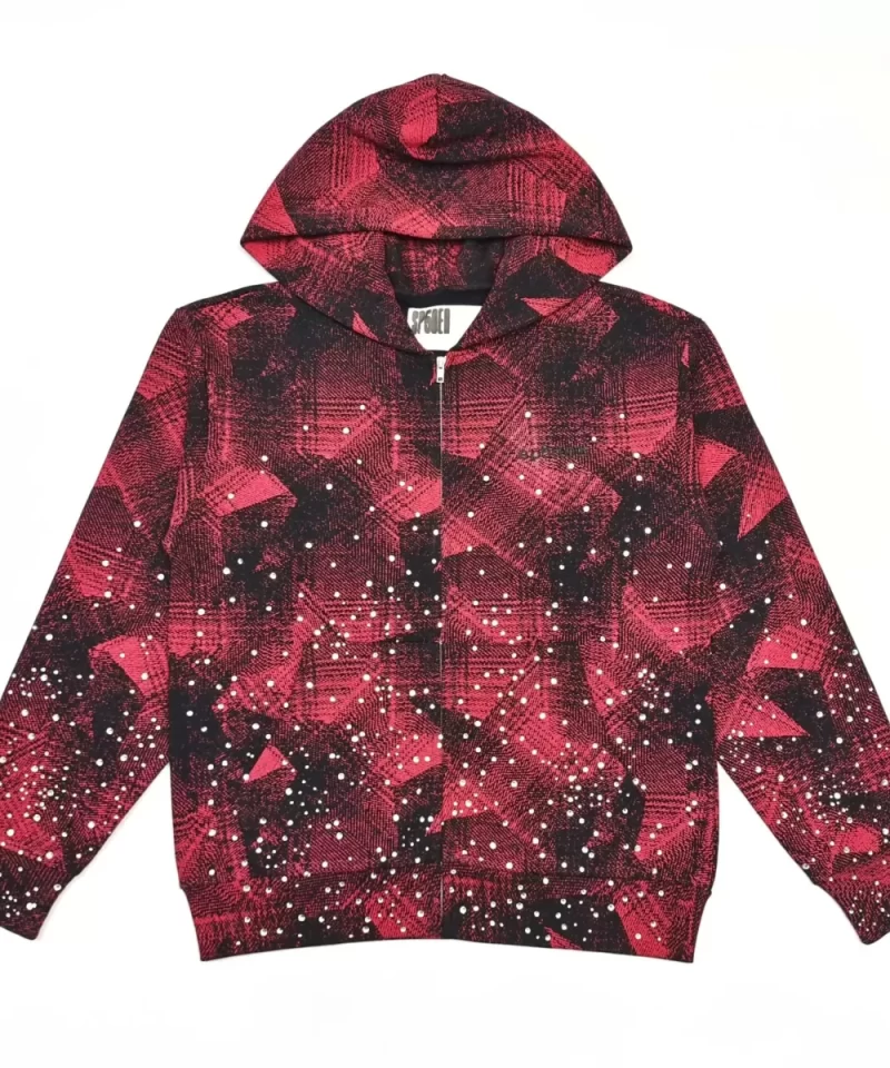 Sp5der Red Plaid Rhinestone Black Zip Hoodie | 450g Heavy Fleece Sweatshirt | Luxury Streetwear 2025