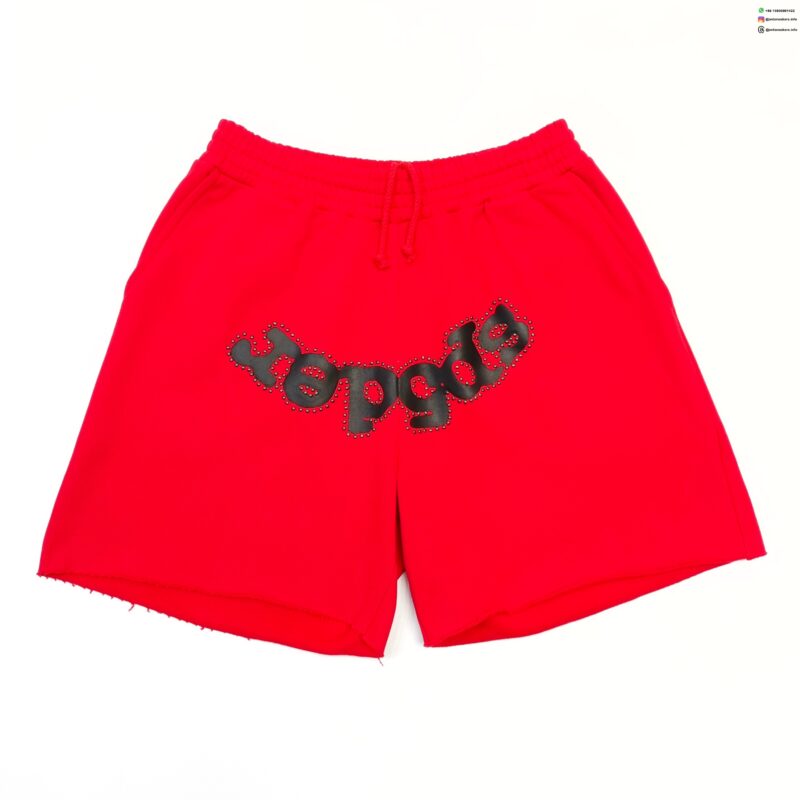 Sp5der Red Rhinestone Shorts | 450g Heavy Fleece Streetwear | Summer 2025 Collection