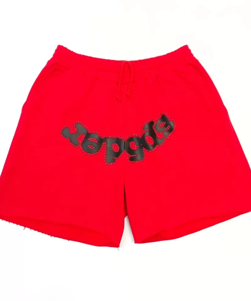 Sp5der Red Rhinestone Shorts | 450g Heavy Fleece Streetwear | Summer 2025 Collection