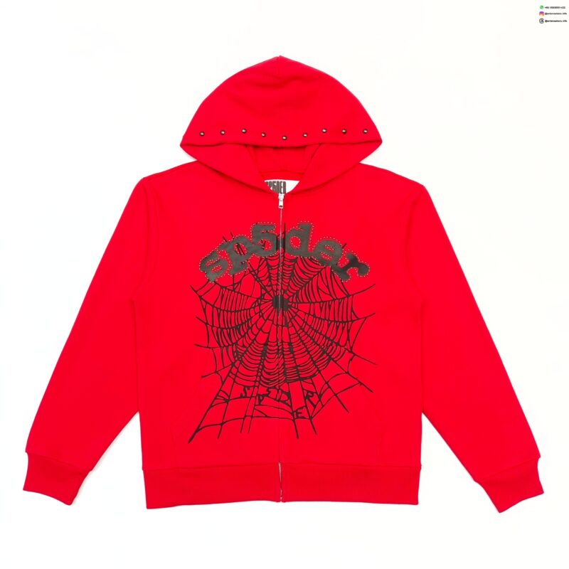 Sp5der Red Rhinestone Zip Hoodie | 450g Heavy Fleece Sweatshirt | Luxury Streetwear 2025