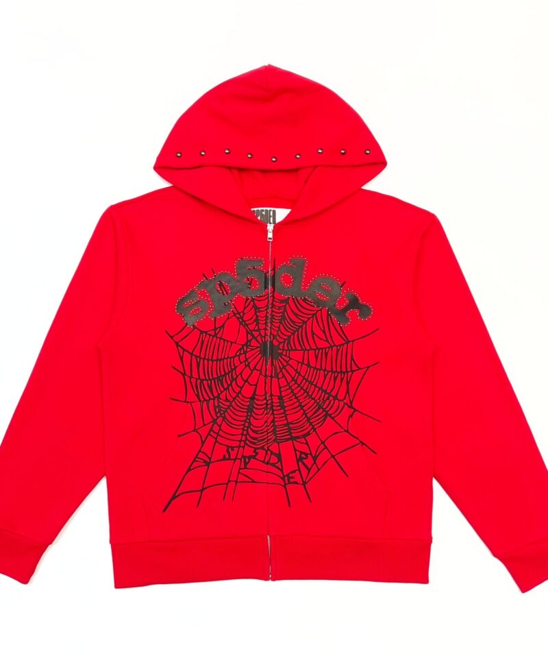 Sp5der Red Rhinestone Zip Hoodie | 450g Heavy Fleece Sweatshirt | Luxury Streetwear 2025