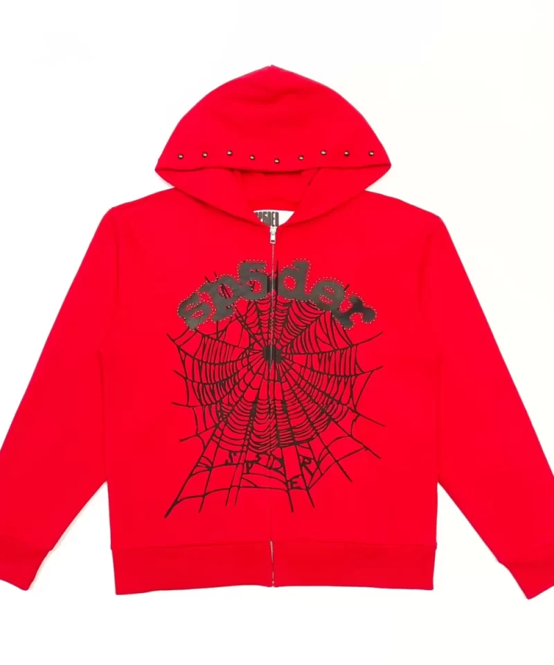 Sp5der Red Rhinestone Zip Hoodie | 450g Heavy Fleece Sweatshirt | Luxury Streetwear 2025