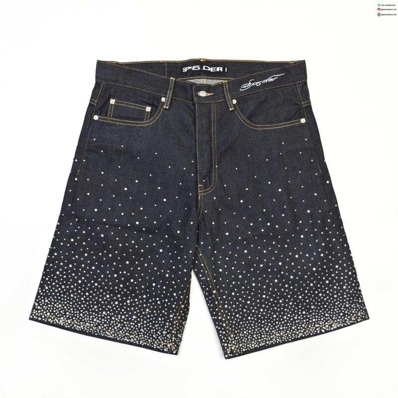 Sp5der Rhinestone Denim Shorts | Luxury Streetwear Crystal Embellished Jeans | Summer 2025 Collection