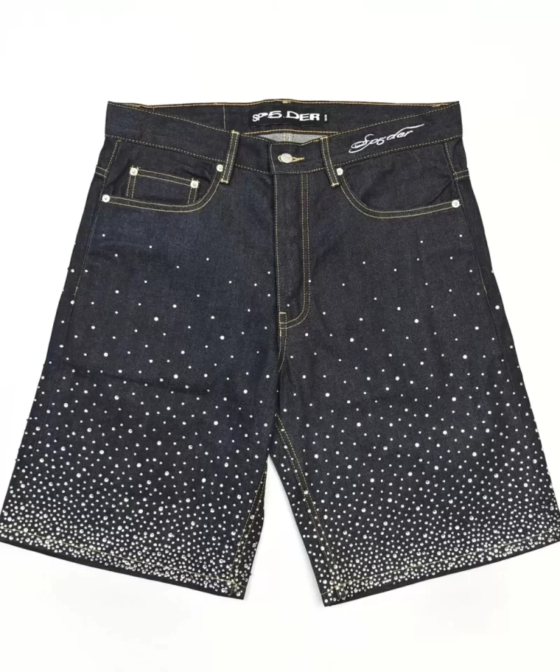 Sp5der Rhinestone Denim Shorts | Luxury Streetwear Crystal Embellished Jeans | Summer 2025 Collection