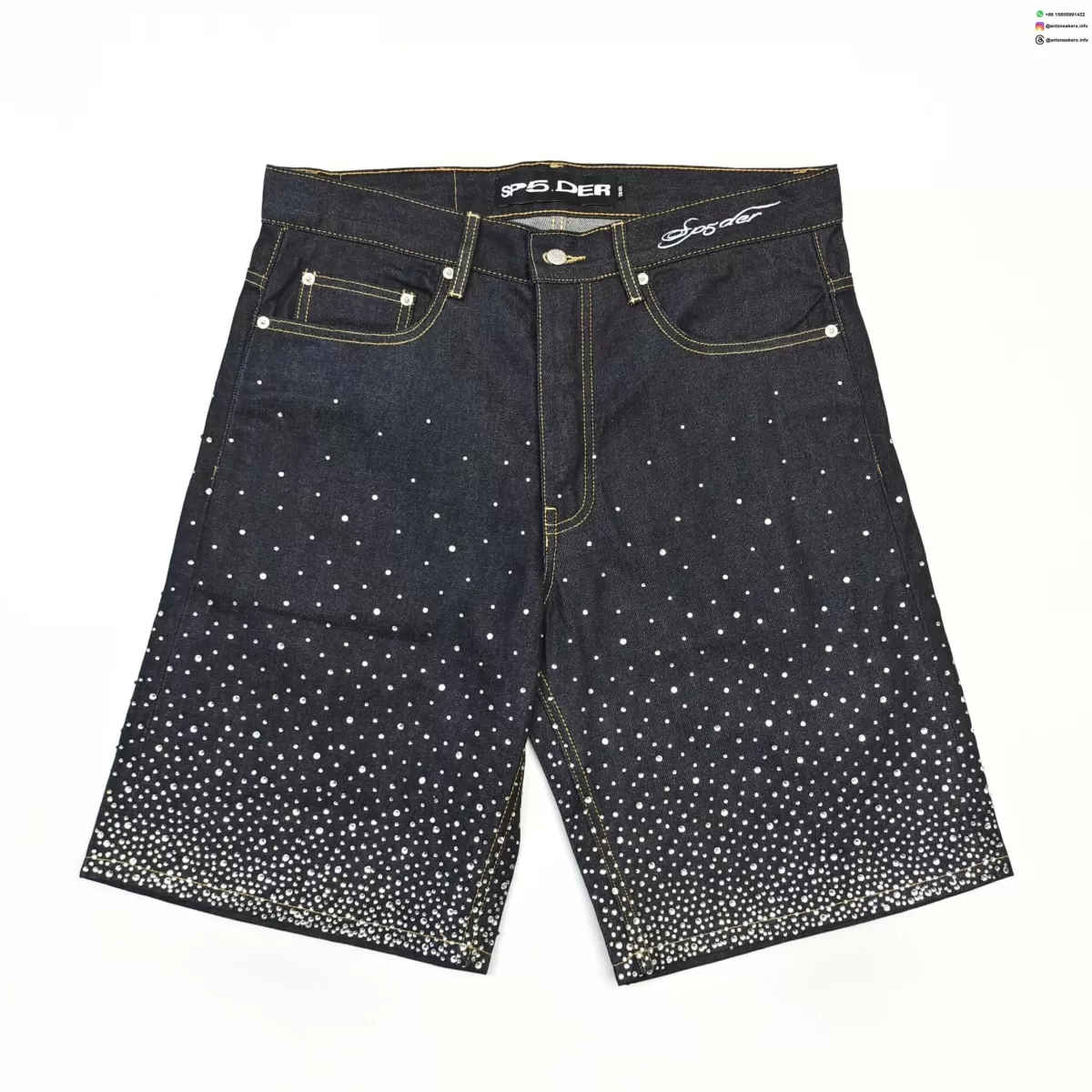 Sp5der Rhinestone Denim Shorts | Luxury Streetwear Crystal Embellished Jeans | Summer 2025 Collection