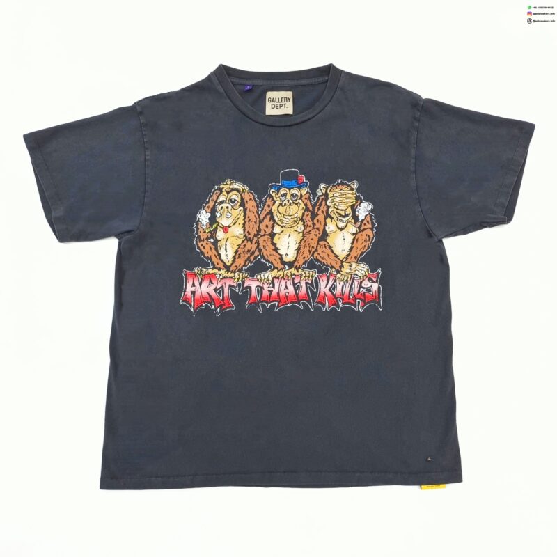GALLERY DEPT Three Monkeys Black Tee – 230g Vintage Washed Seamless Cotton T-Shirt