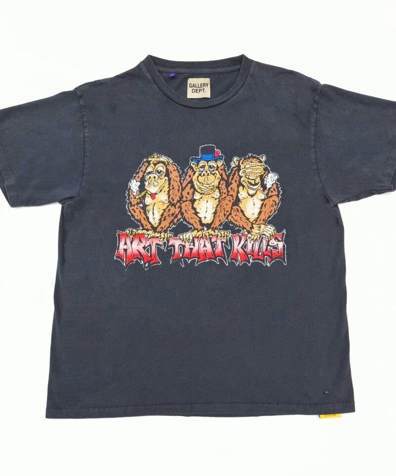 GALLERY DEPT Three Monkeys Black Tee – 230g Vintage Washed Seamless Cotton T-Shirt