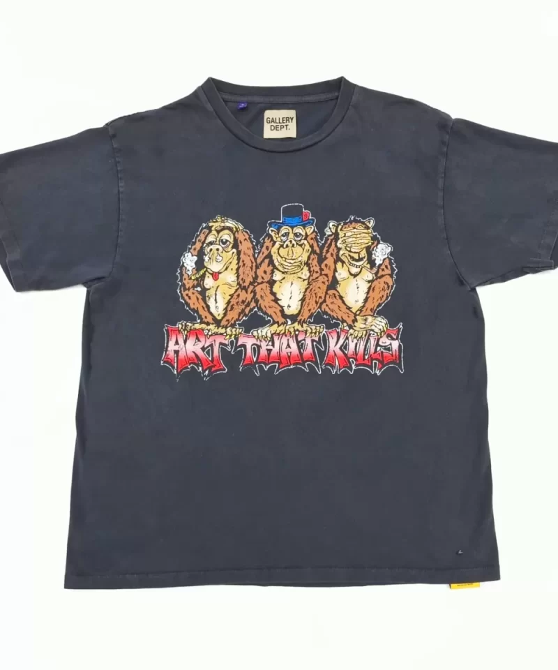 GALLERY DEPT Three Monkeys Black Tee - 230g Vintage Washed Seamless Cotton T-Shirt
