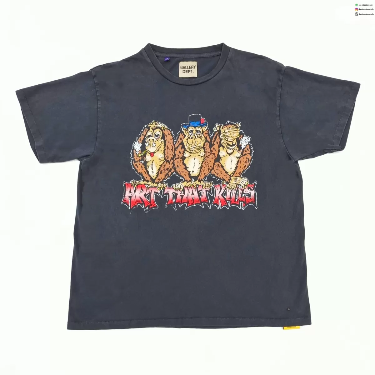 GALLERY DEPT Three Monkeys Black Tee - 230g Vintage Washed Seamless Cotton T-Shirt