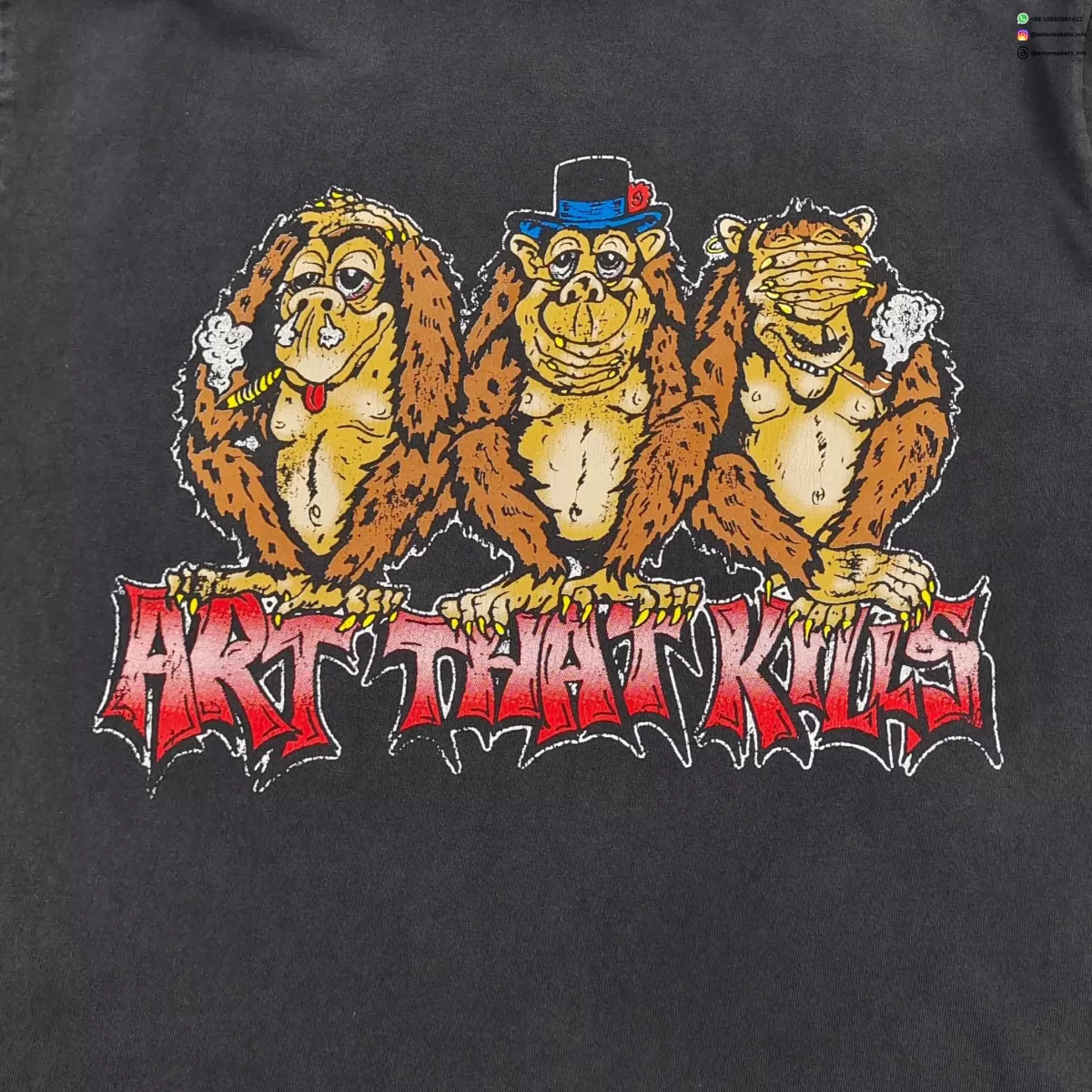 GALLERY DEPT Three Monkeys Black Tee - 230g Vintage Washed Seamless Cotton T-Shirt