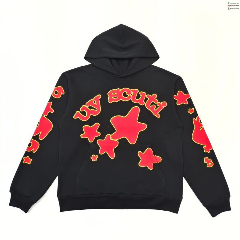 Sp5der Black Hoodie With Yellow Letter & Star Graphic – 450G Heavy Fleece Streetwear