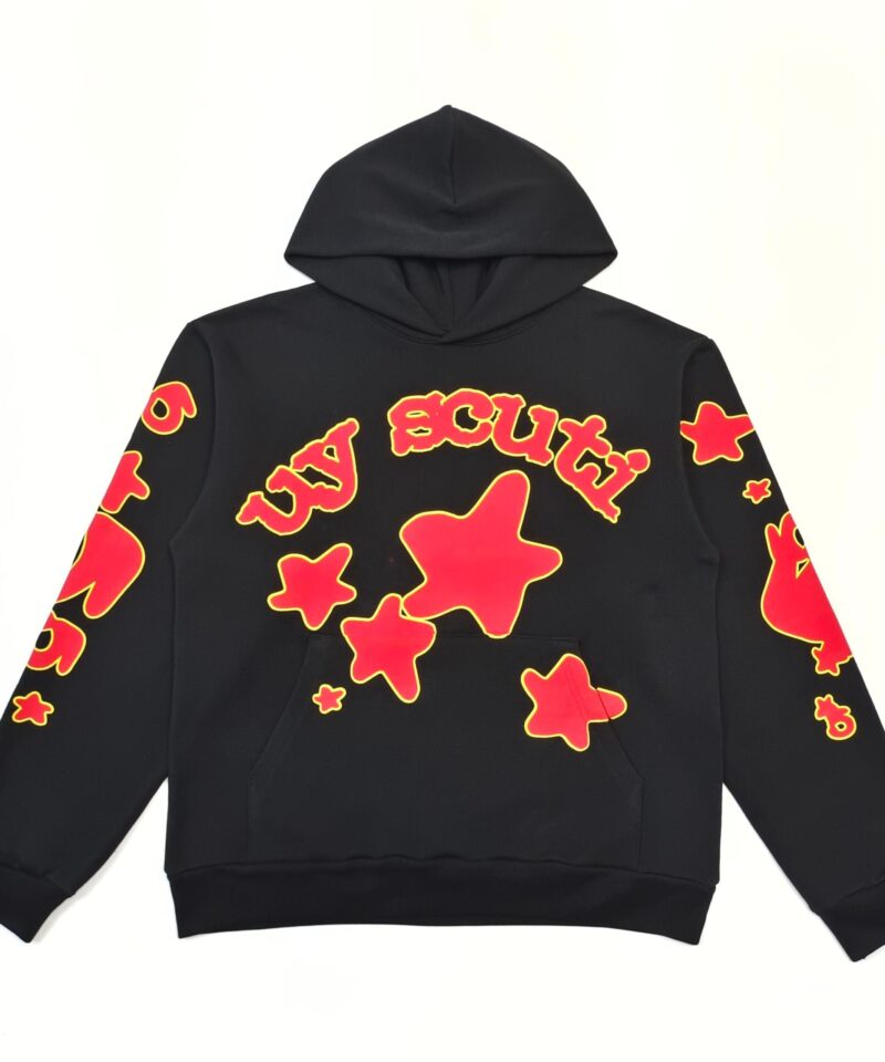 Sp5der Black Hoodie With Yellow Letter & Star Graphic – 450G Heavy Fleece Streetwear