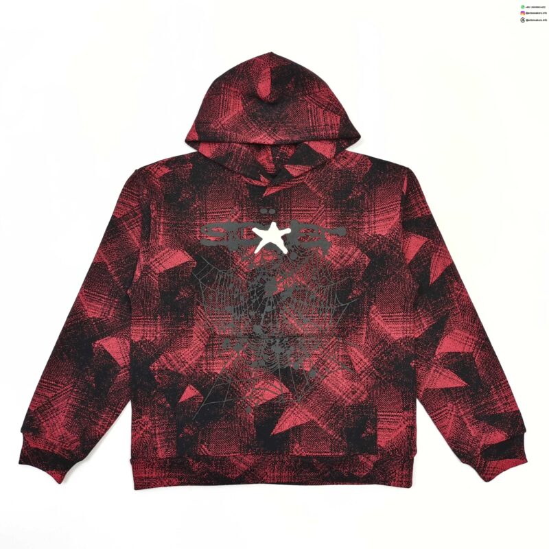 Sp5der Black Red Grid Hoodie – Heavy 450G Fleece Streetwear Pullover