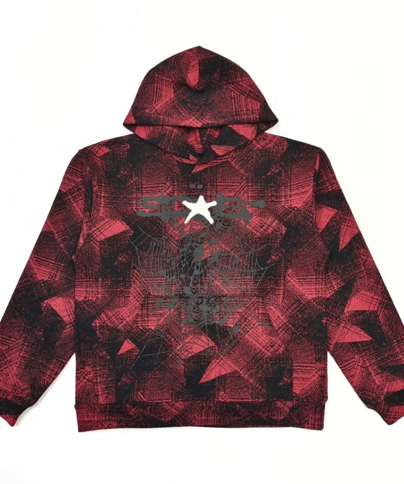 Sp5der Black Red Grid Hoodie – Heavy 450G Fleece Streetwear Pullover