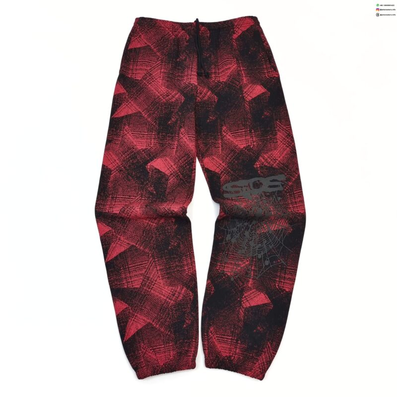 Sp5der Black Red Grid Sweatpants – Heavy 450G Fleece Streetwear Pants