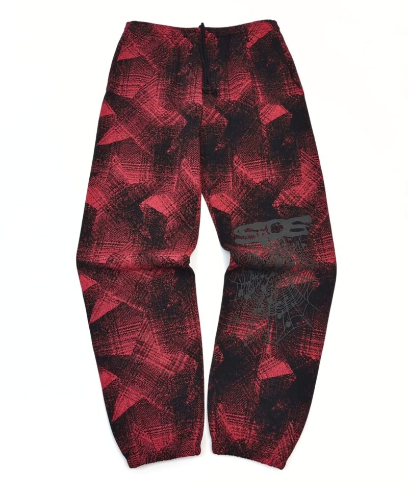 Sp5der Black Red Grid Sweatpants – Heavy 450G Fleece Streetwear Pants