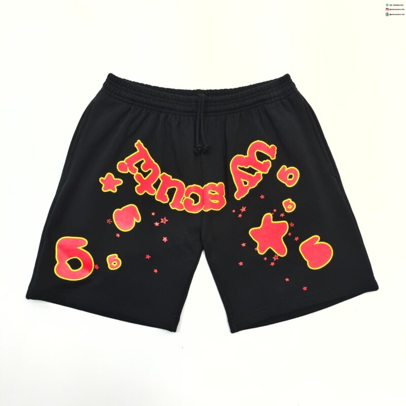 Sp5der Black Shorts With Red-Yellow Letter Graphic – Heavy Fleece Summer Shorts