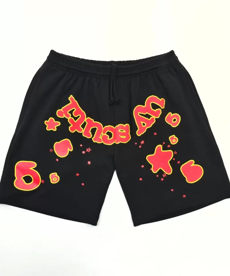 Sp5der Black Shorts With Red-Yellow Letter Graphic - Heavy Fleece Summer Shorts