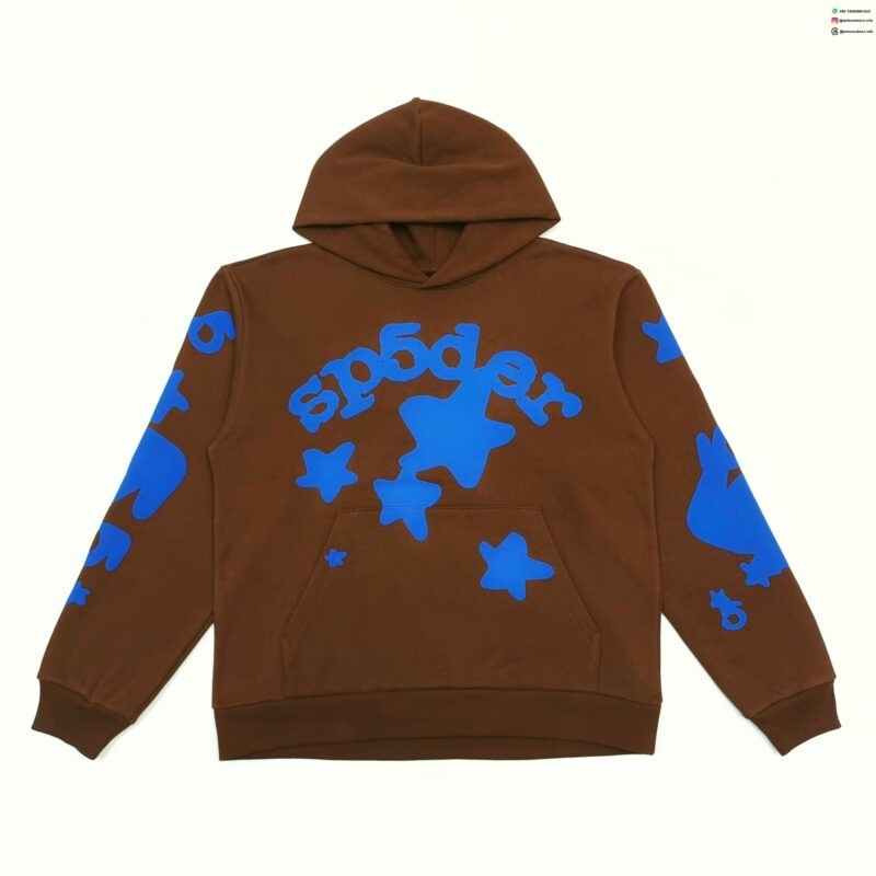 Sp5der Brown Hoodie with Blue Star Graphics | 450G Heavyweight Cotton Fleece