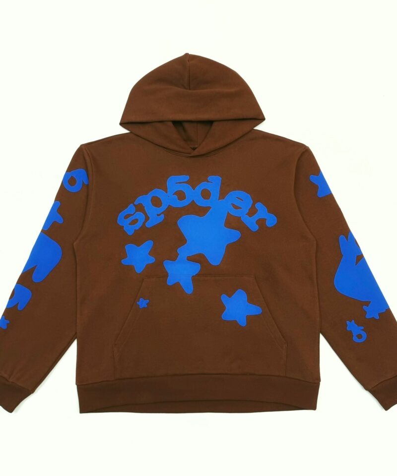 Sp5der Brown Hoodie with Blue Star Graphics | 450G Heavyweight Cotton Fleece