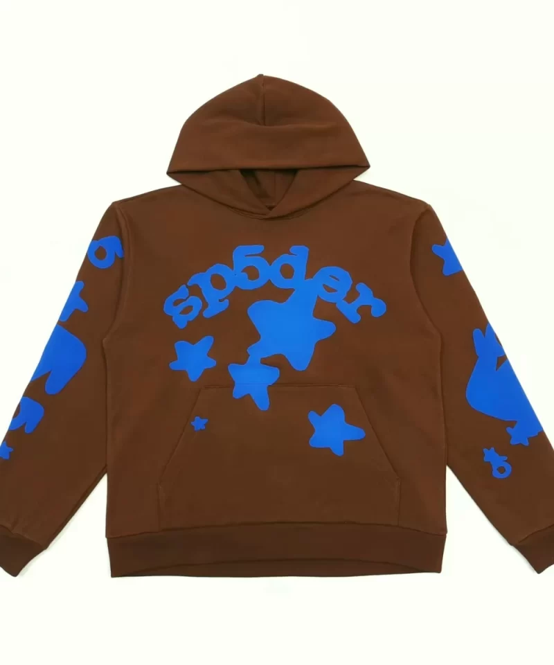Sp5der Brown Hoodie with Blue Star Graphics | 450G Heavyweight Cotton Fleece