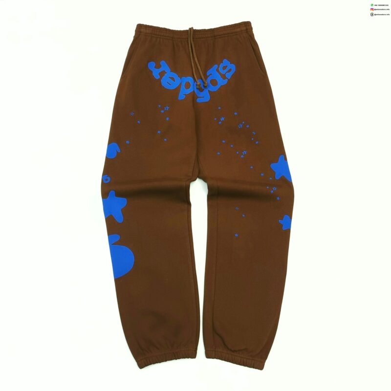 Sp5der Brown Sweatpants with Blue Star Graphic | 450G Heavy Fleece