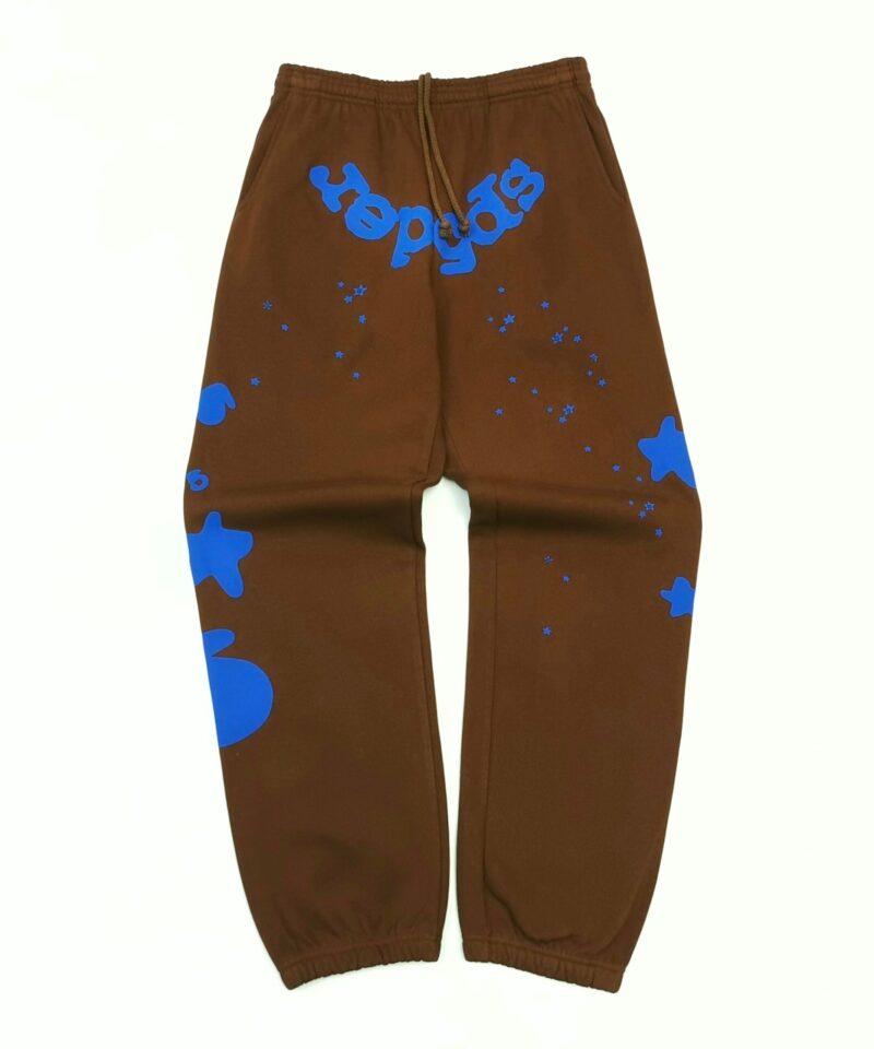 Sp5der Brown Sweatpants with Blue Star Graphic | 450G Heavy Fleece