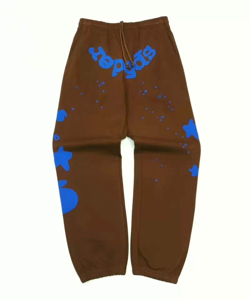 Sp5der Brown Sweatpants with Blue Star Graphic | 450G Heavy Fleece