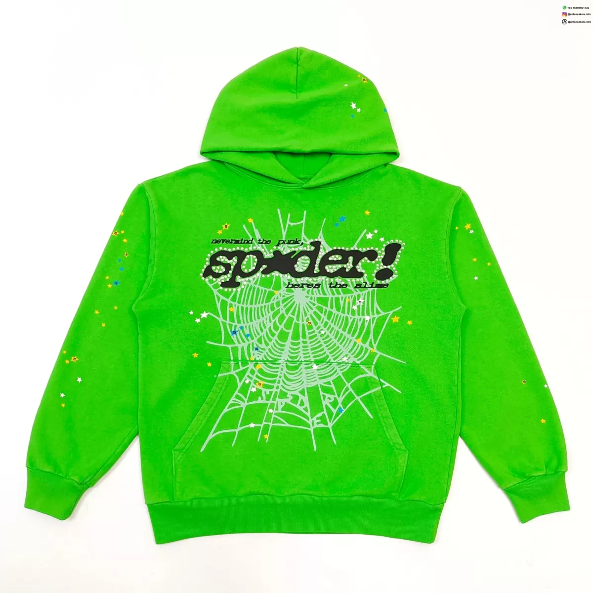 Sp5der Green Rhinestone V2 Hoodie | 420G Heavy Fleece