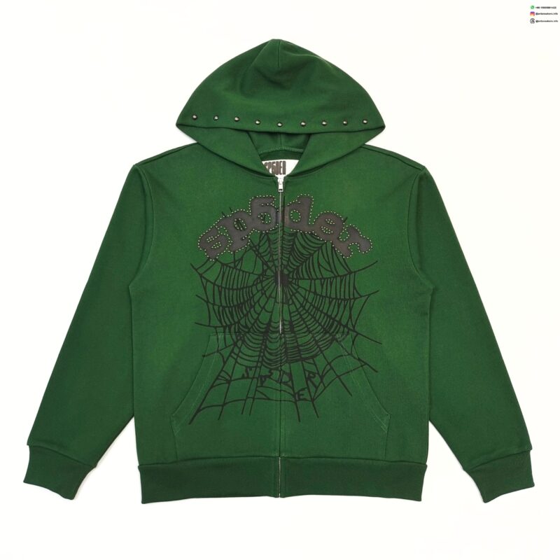 Sp5der Green Rhinestone Zip Hoodie | 450G Heavy Fleece