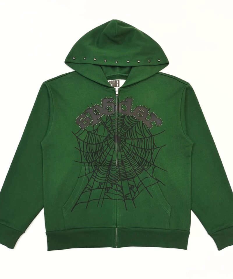 Sp5der Green Rhinestone Zip Hoodie | 450G Heavy Fleece