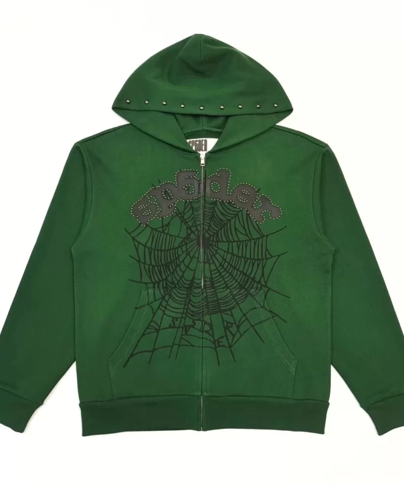 Sp5der Green Rhinestone Zip Hoodie | 450G Heavy Fleece