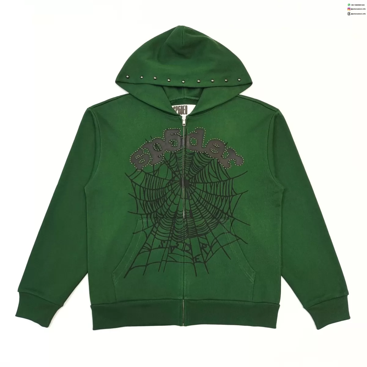 Sp5der Green Rhinestone Zip Hoodie | 450G Heavy Fleece