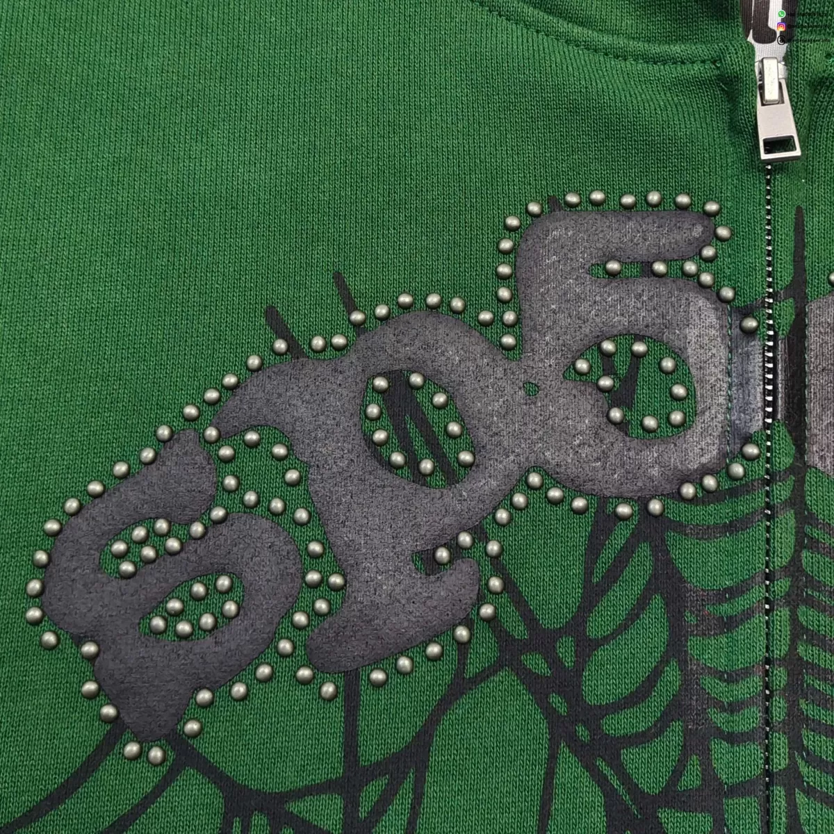 Sp5der Green Rhinestone Zip Hoodie | 450G Heavy Fleece